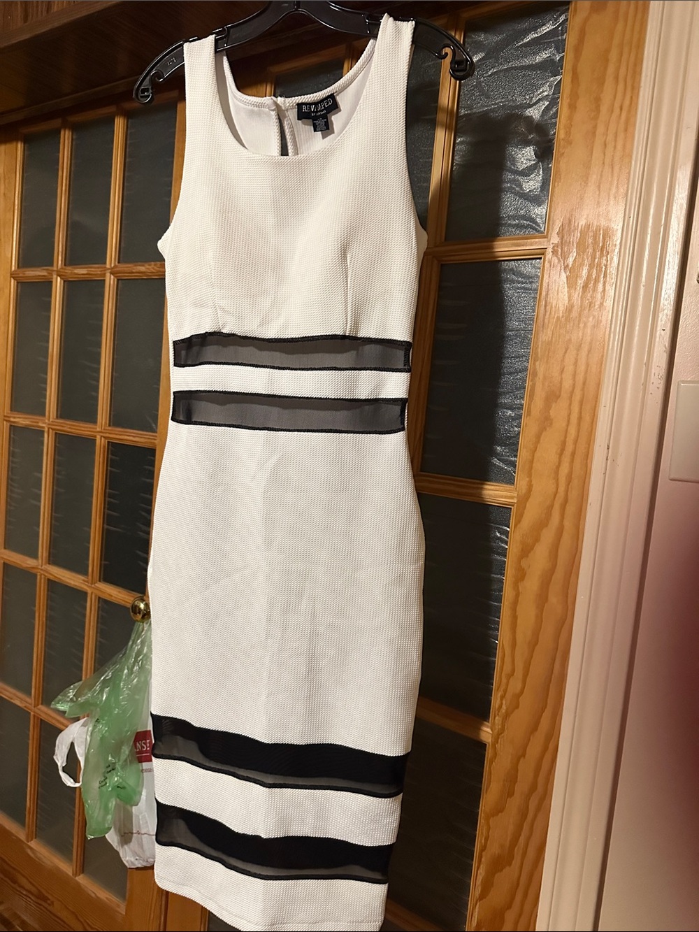 White Sleeveless Sheath Dress with Black Mesh Stripes
